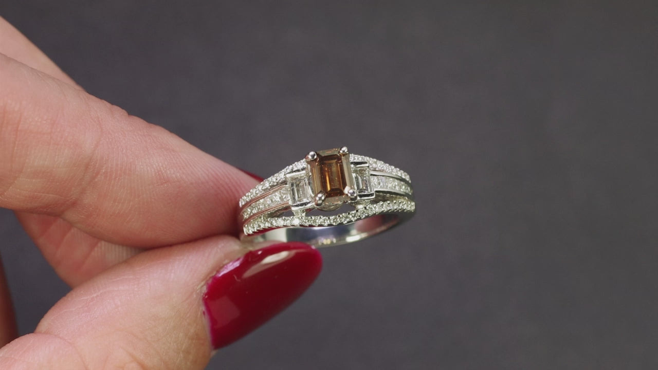 1.46ctw FANCY ORANGY BROWN DIAMOND ENGAGEMENT RING EMERALD CUT STACK WHITE GOLD