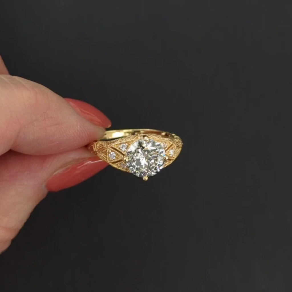 2 CARAT DIAMOND ENGAGEMENT RING VINTAGE STYLE YELLOW GOLD VERY GOOD ROUND CUT