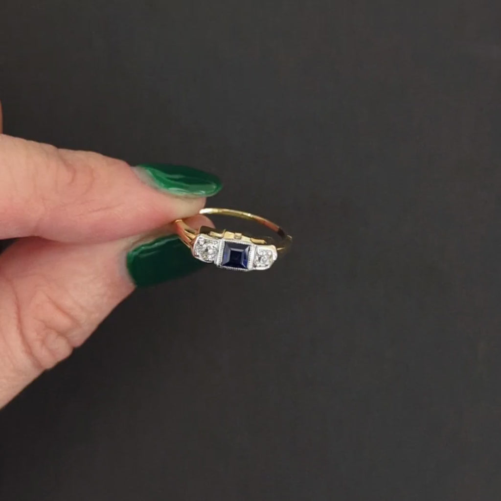 VINTAGE SAPPHIRE DIAMOND COCKTAIL RING TWO TONE 14k YELLOW WHITE GOLD ESTATE