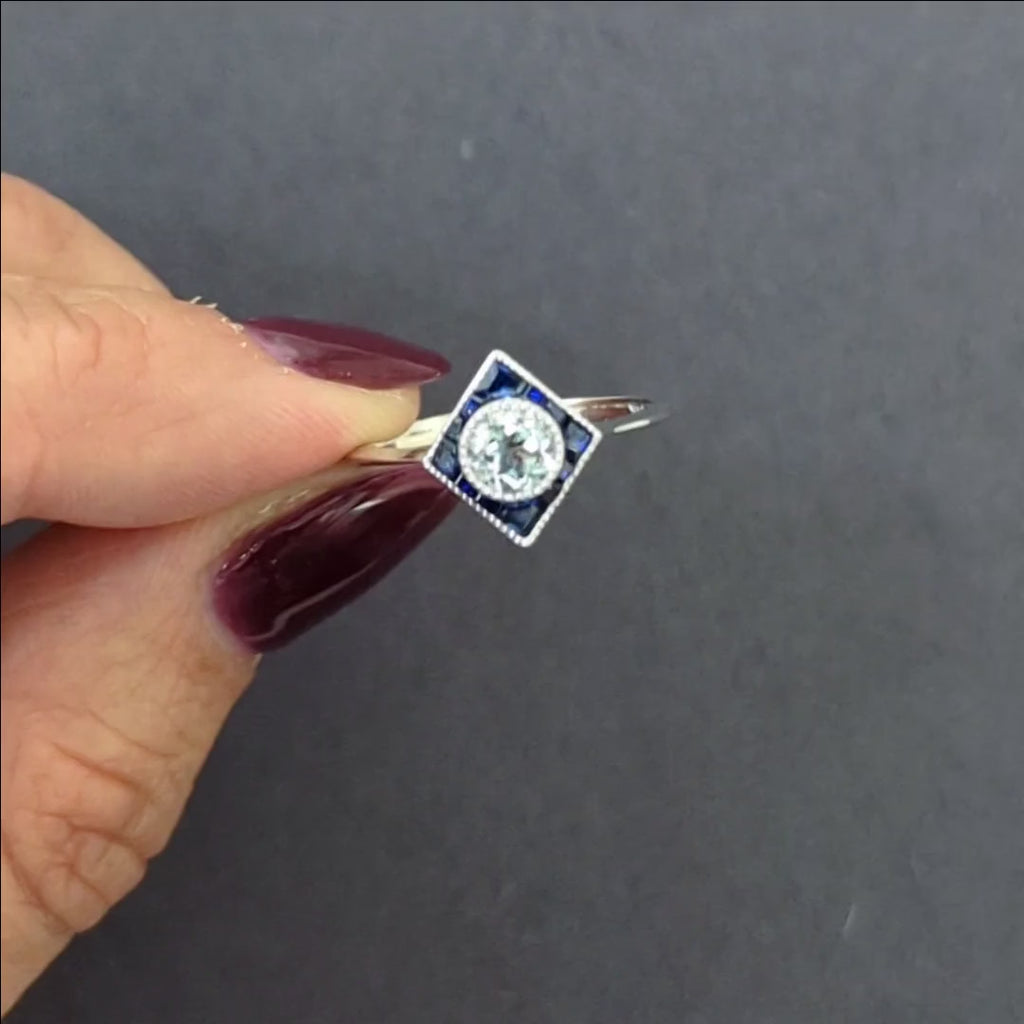 AQUAMARINE SAPPHIRE COCKTAIL RING HALO 14k WHITE GOLD VINTAGE STYLE ART DECO