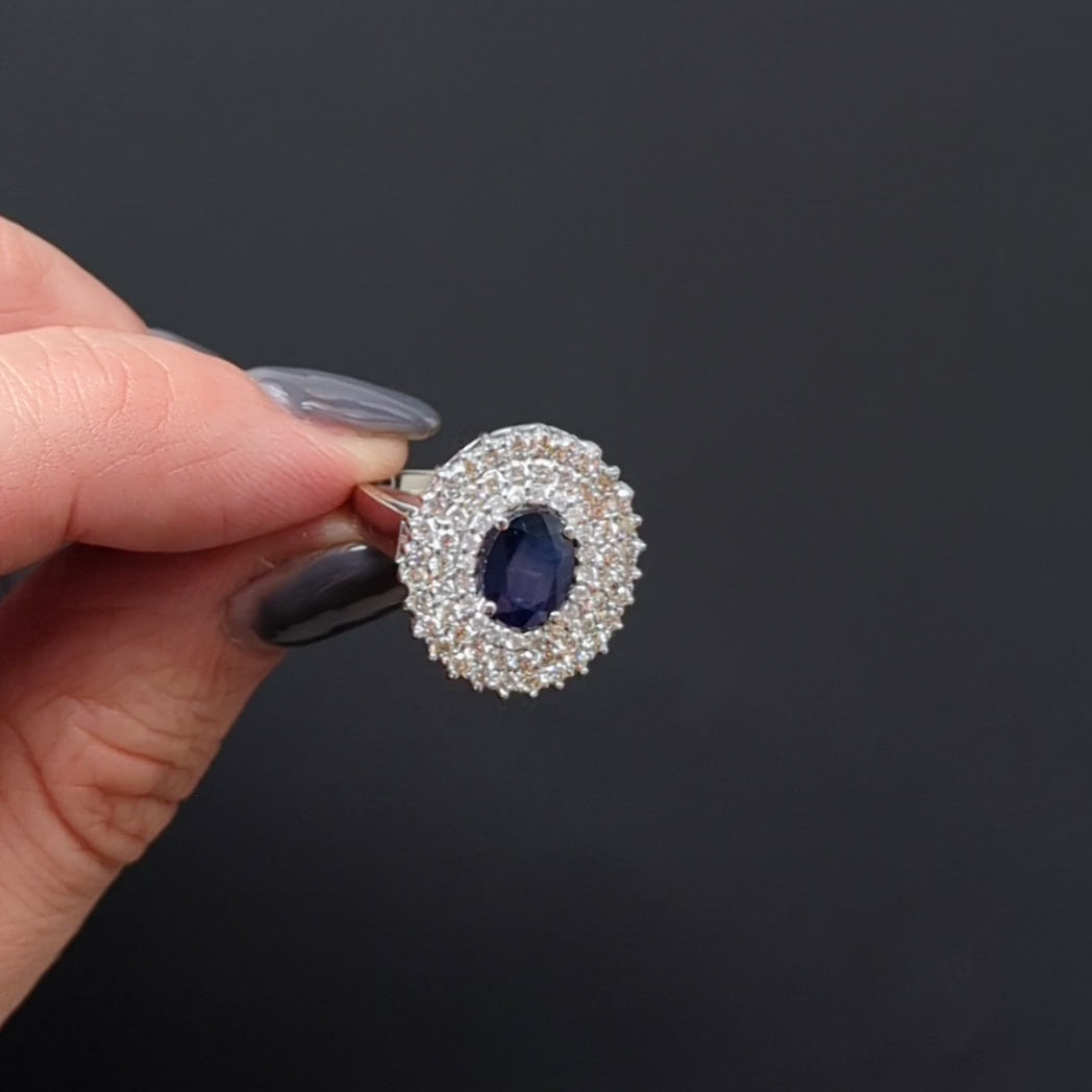 SAPPHIRE DIAMOND COCKTAIL RING TRIPLE HALO 18k WHITE GOLD BIG NATURAL ESTATE