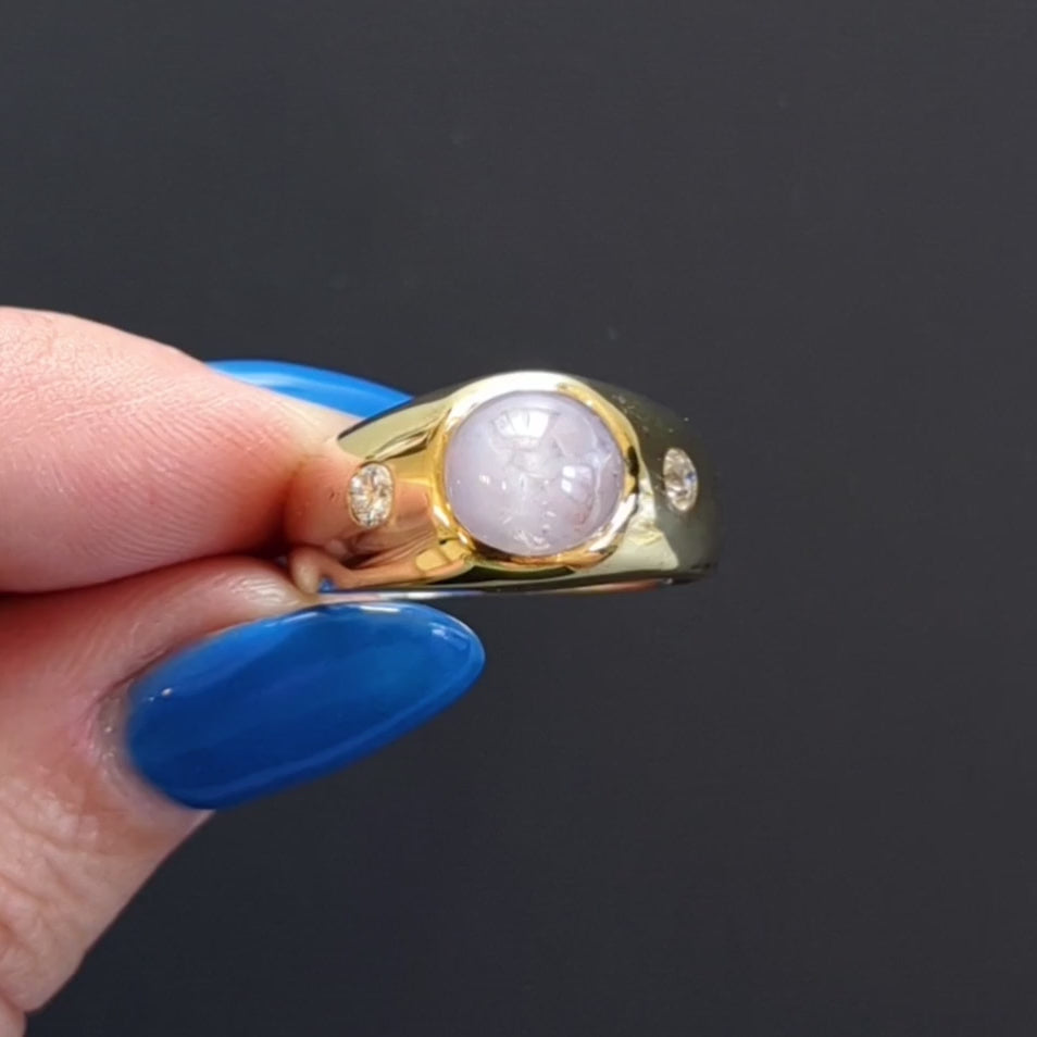 STAR SAPPHIRE DIAMOND RING WIDE 14k YELLOW GOLD FLUSH SET HEAVY 8 gram NATURAL