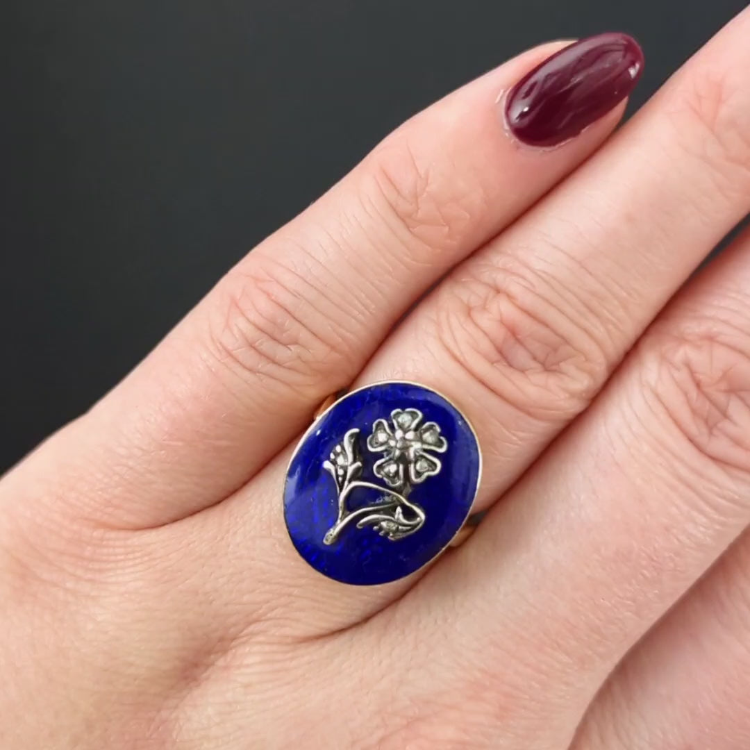 ANTIQUE DIAMOND ENAMEL FLOWER RING VICTORIAN 14k YELLOW GOLD BLUE ROSE CUT OVAL