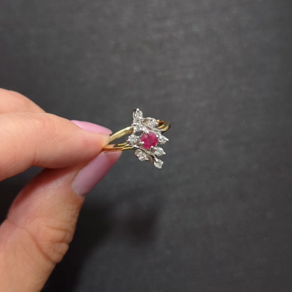 VINTAGE RUBY DIAMOND COCKTAIL RING 14k YELLOW WHITE GOLD BYPASS ESTATE JEWELRY