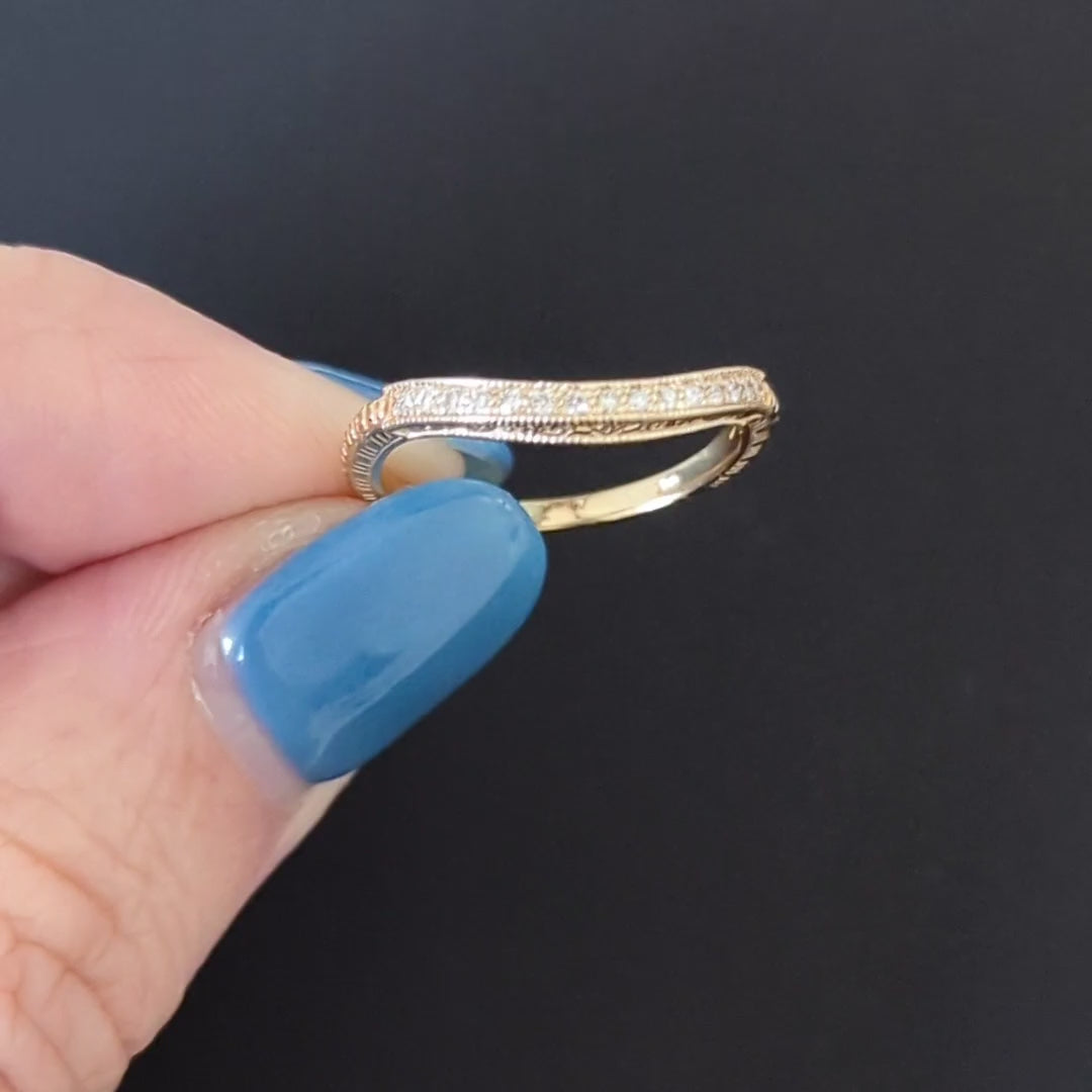 CURVED DIAMOND WEDDING BAND VINTAGE STYLE RING 14K YELLOW GOLD ART DECO NOTCHED