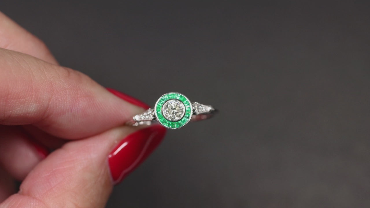 OLD EUROPEAN CUT DIAMOND ENGAGEMENT RING EMERALD ART DECO TARGET VINTAGE STYLE