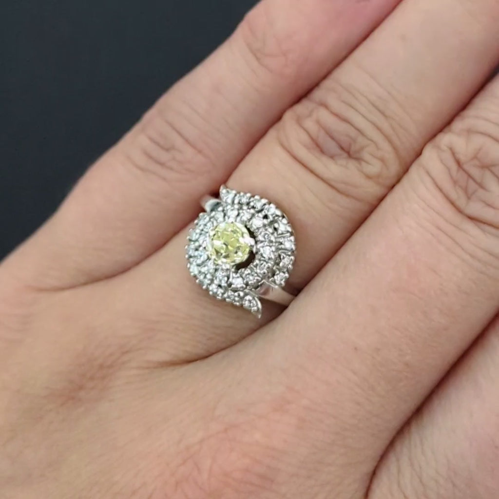 1.24ct OLD MINE CUT DIAMOND COCKTAIL RING FANCY LIGHT YELLOW VINTAGE STATEMENT