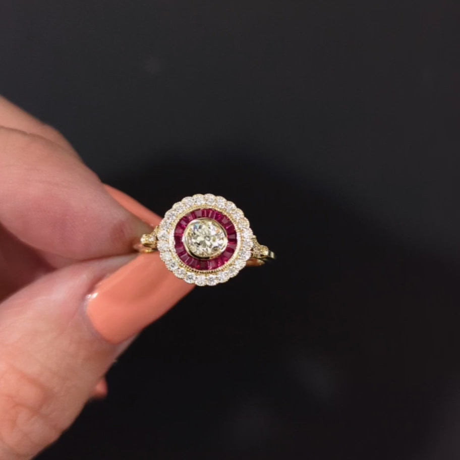 OLD EUROPEAN CUT DIAMOND RUBY COCKTAIL RING VINTAGE STYLE DOUBLE HALO 14k GOLD