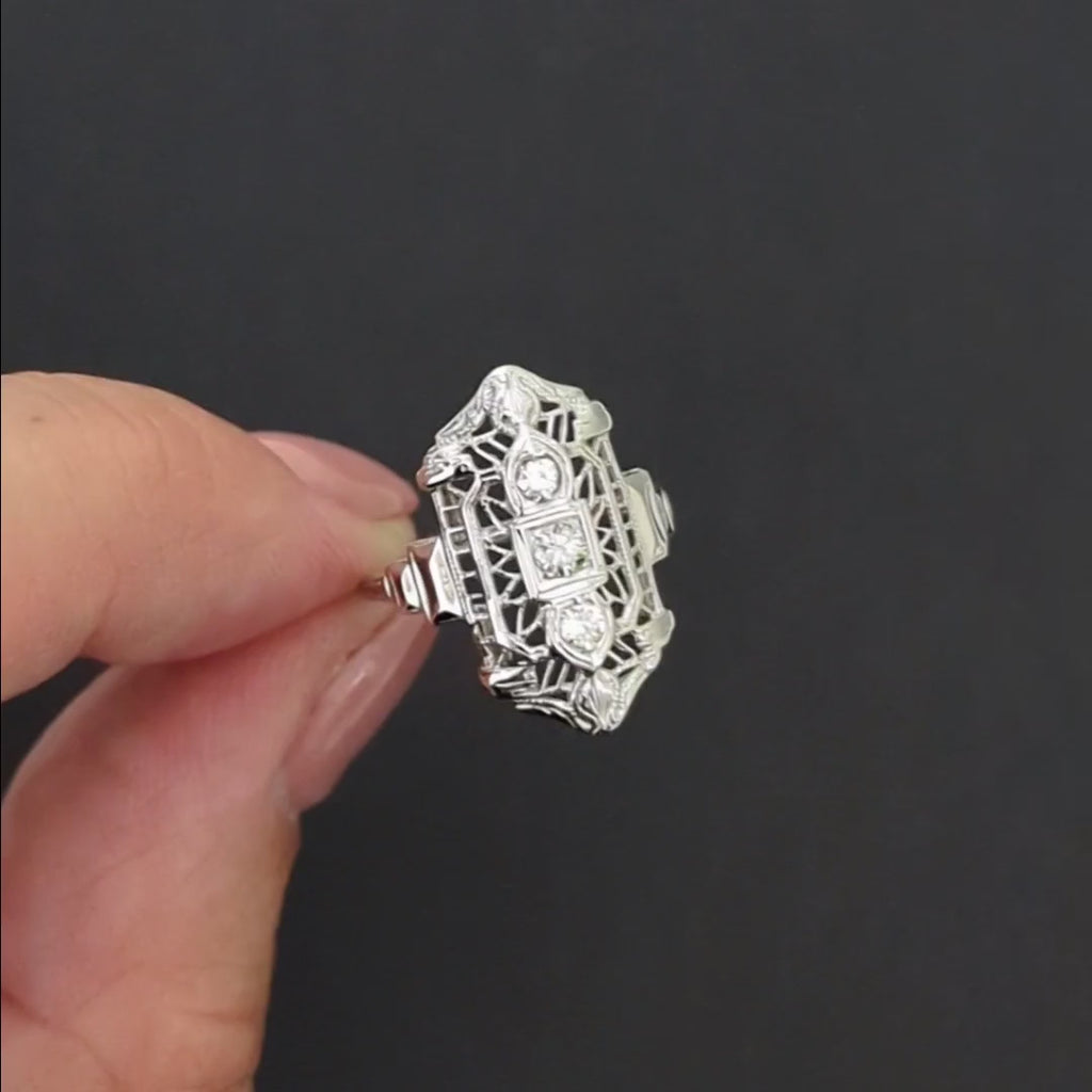 VINTAGE DIAMOND COCKTAIL RING ART DECO GEOMETRIC 14k WHITE GOLD FILIGREE ESTATE