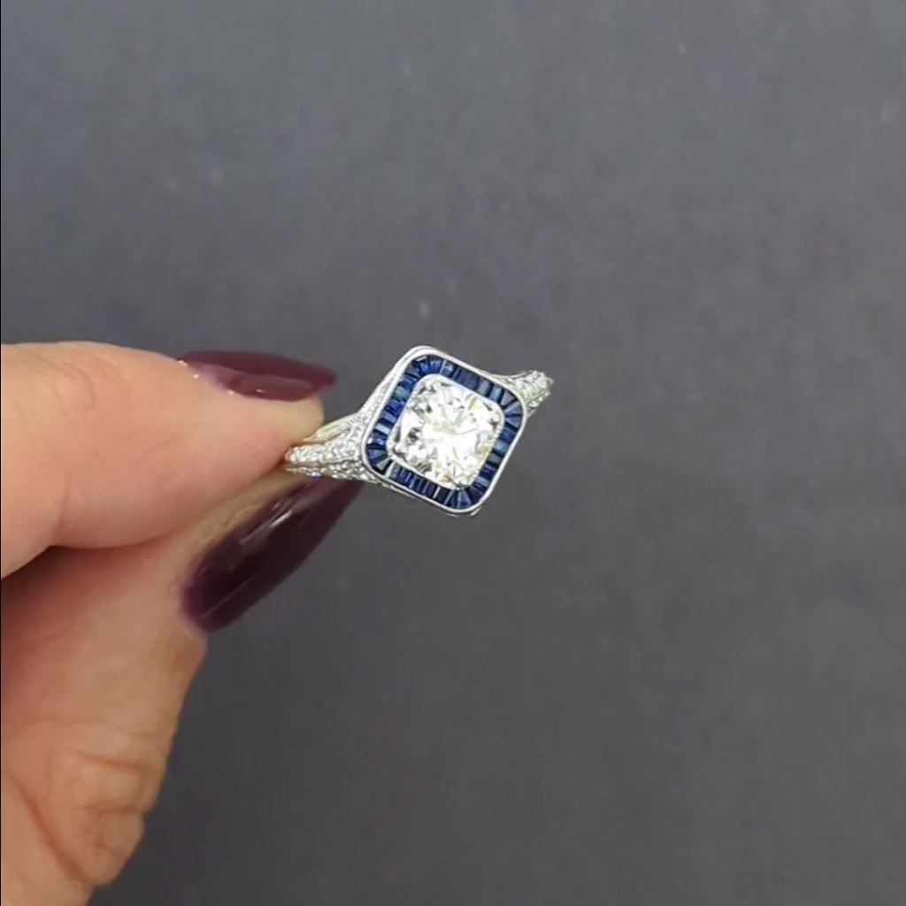 1ct GIA CERTIFIED DIAMOND SAPPHIRE ENGAGMENT RING VINTAGE STYLE 14k WHITE GOLD