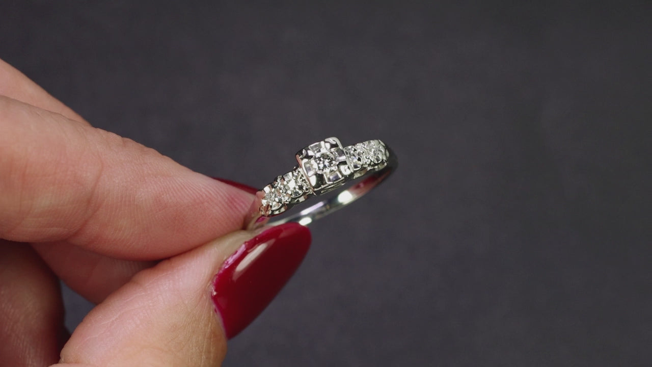 VINTAGE DIAMOND ENGAGEMENT RING MID CENTURY ILLUSION CLASSIC 14k WHITE GOLD