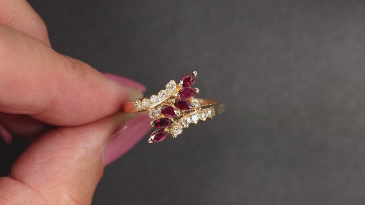 0.70ct RUBY DIAMOND COCKTAIL RING VINTAGE CLUSTER BYPASS 14k YELLOW GOLD NATURAL