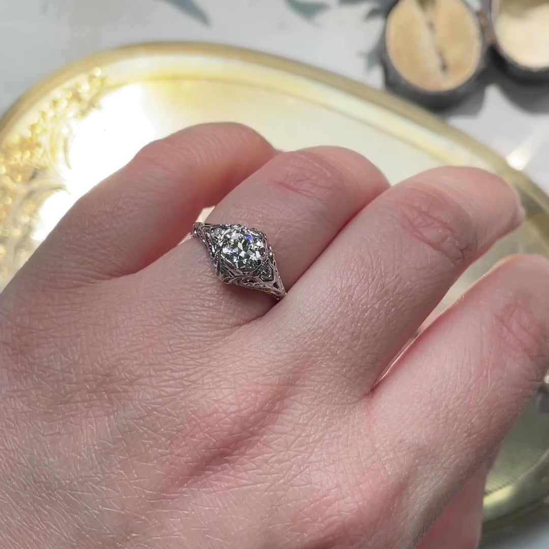 0.69ct H VVS2-VS1 OLD EUROPEAN CUT DIAMOND ART DECO ENGAGEMENT RING 18k VINTAGE