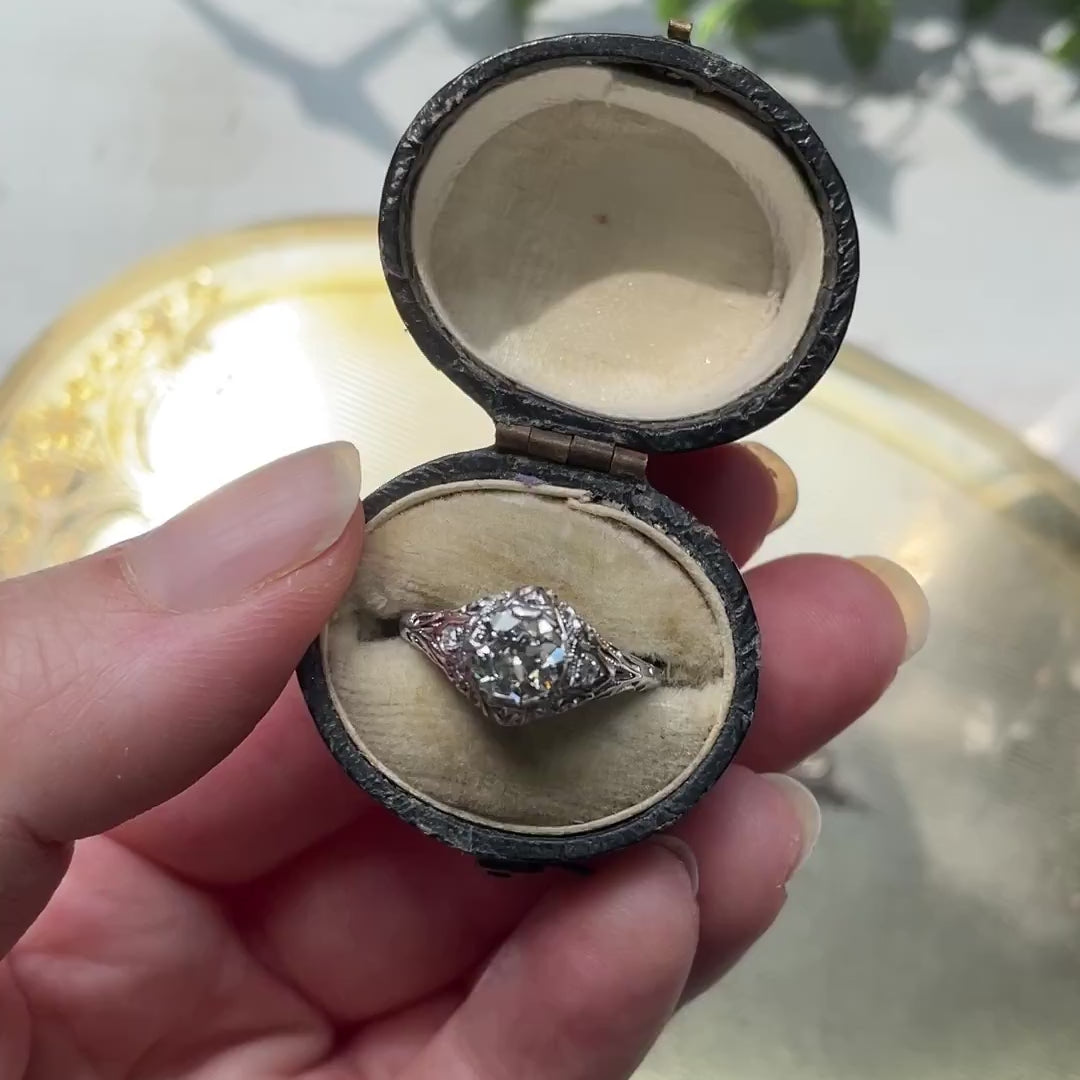 0.69ct H VVS2-VS1 OLD EUROPEAN CUT DIAMOND ART DECO ENGAGEMENT RING 18k VINTAGE