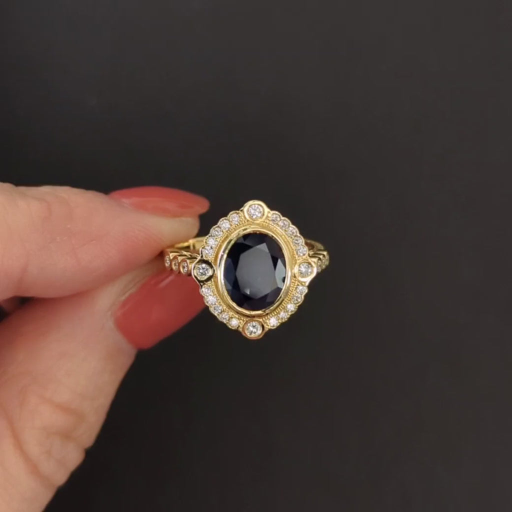 SAPPHIRE DIAMOND COCKTAIL RING VINTAGE STYLE 2.79ct SCALLOP HALO 14k YELLOW GOLD