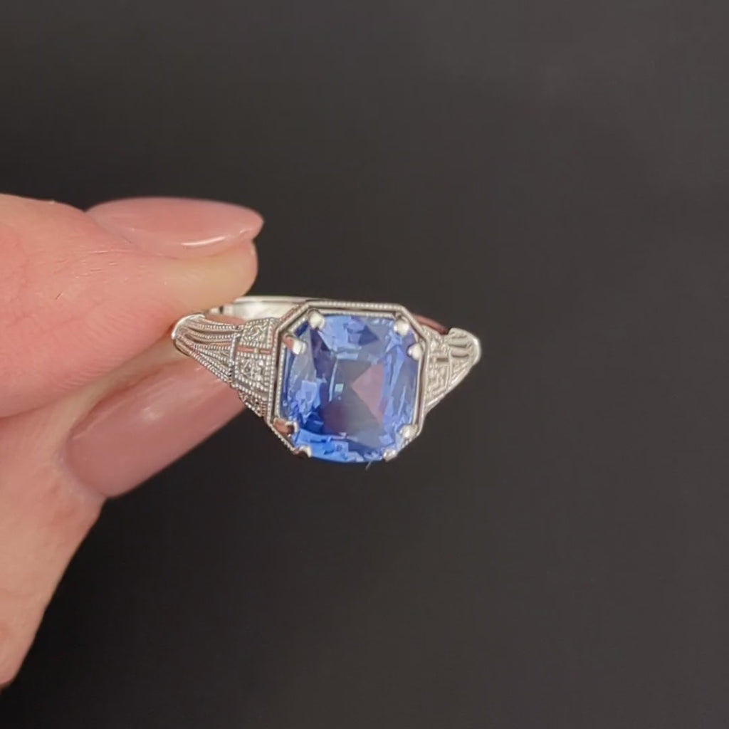 VINTAGE STYLE CEYLON SAPPHIRE DIAMOND RING 14k WHITE GOLD FILIGREE ART DECO