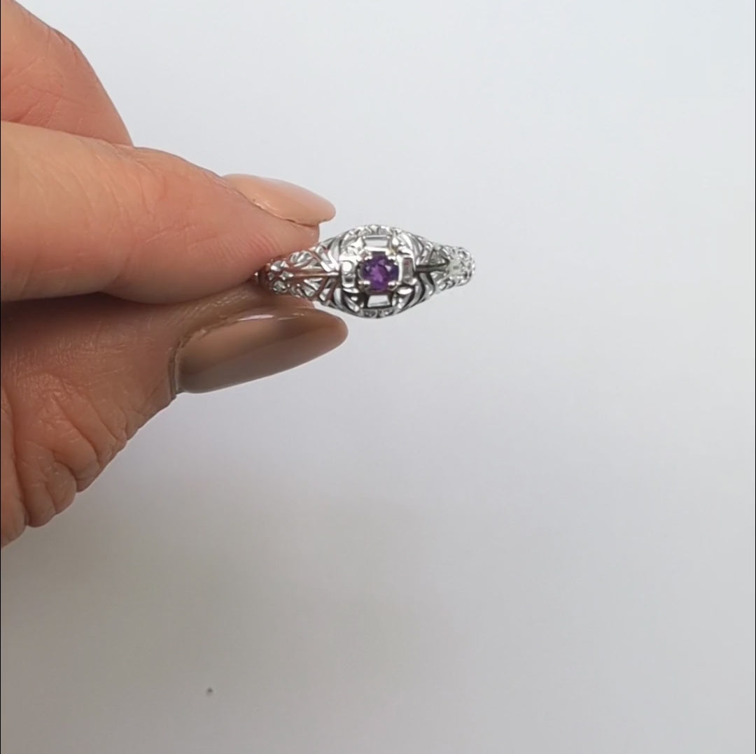 RHODOLITE GARNET VINTAGE STYLE COCKTAIL RING STERLING SILVER DAINTY FILIGREE