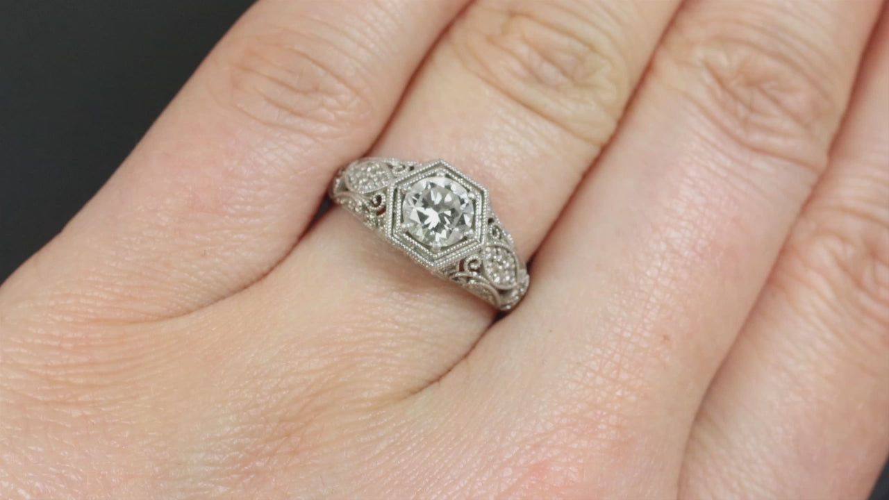 VINTAGE STYLE E VS2 DIAMOND ENGAGEMENT RING NATURAL ROUND FILIGREE PLATINUM 