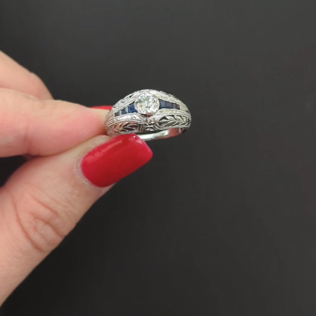 ART DECO DIAMOND SAPPHIRE ENGAGEMENT RING PLATINUM VINTAGE HAND ENGRAVED OLD CUT