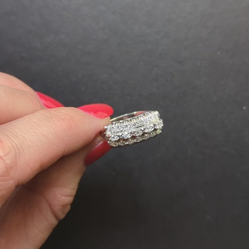 VINTAGE DIAMOND 3 ROW BAND 18k WHITE GOLD RING 1/2ct F VS RETRO COCKTAIL ESTATE