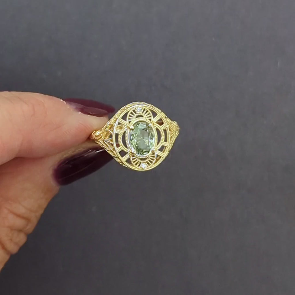 1.10ct GREEN SAPPHIRE DIAMOND RING VINTAGE STYLE ART NOUVEAU FILIGREE 14k GOLD