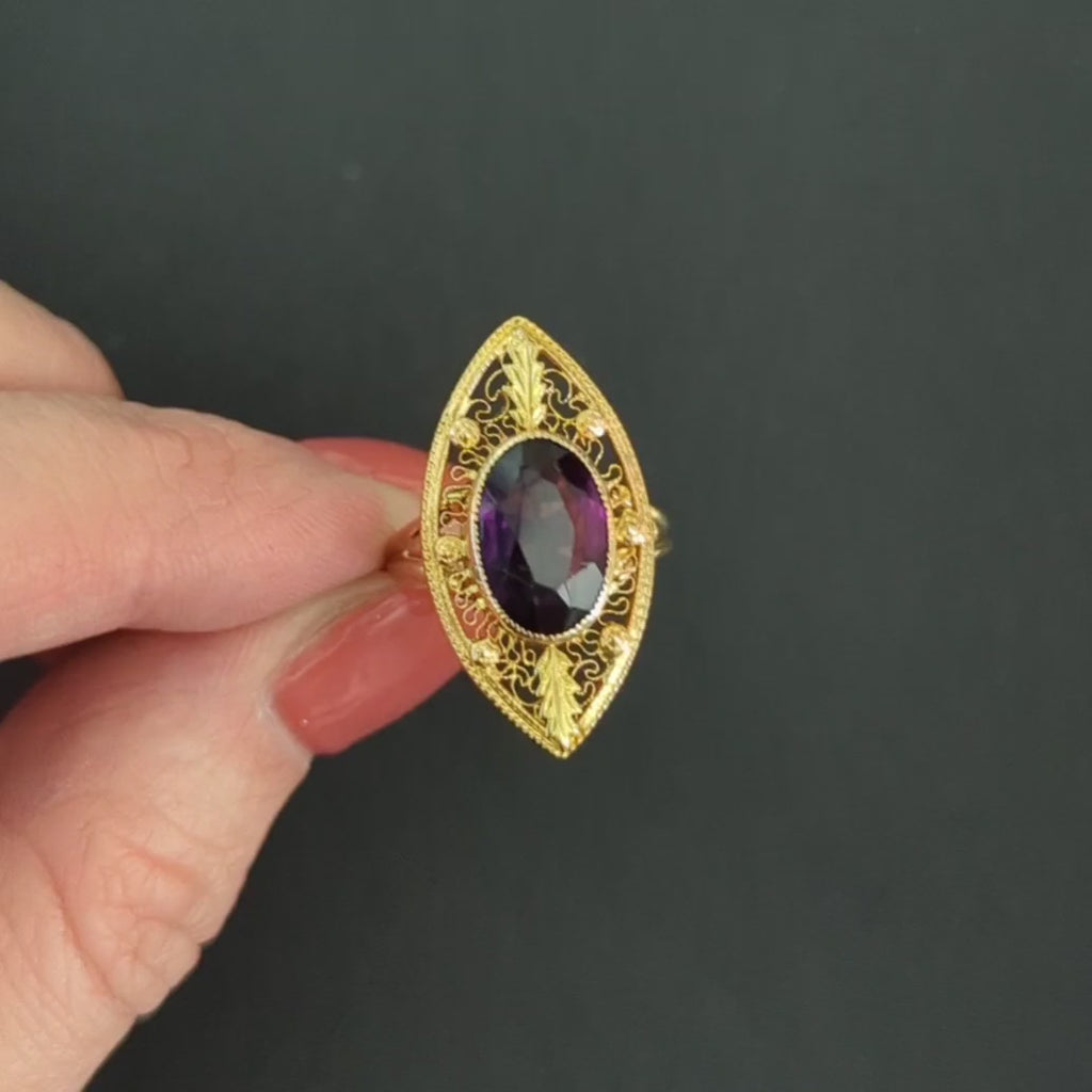 ART NOUVEAU ANTIQUE AMETHYST RING 10k YELLOW GREEN GOLD OVAL NAVETTE FILIGREE