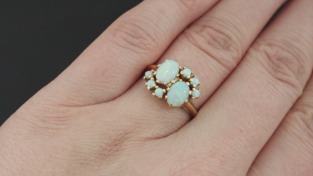 VINTAGE AUSTRALIAN OPAL COCKTAIL RING 14k YELLOW GOLD NATURAL TOI ET MOI ESTATE