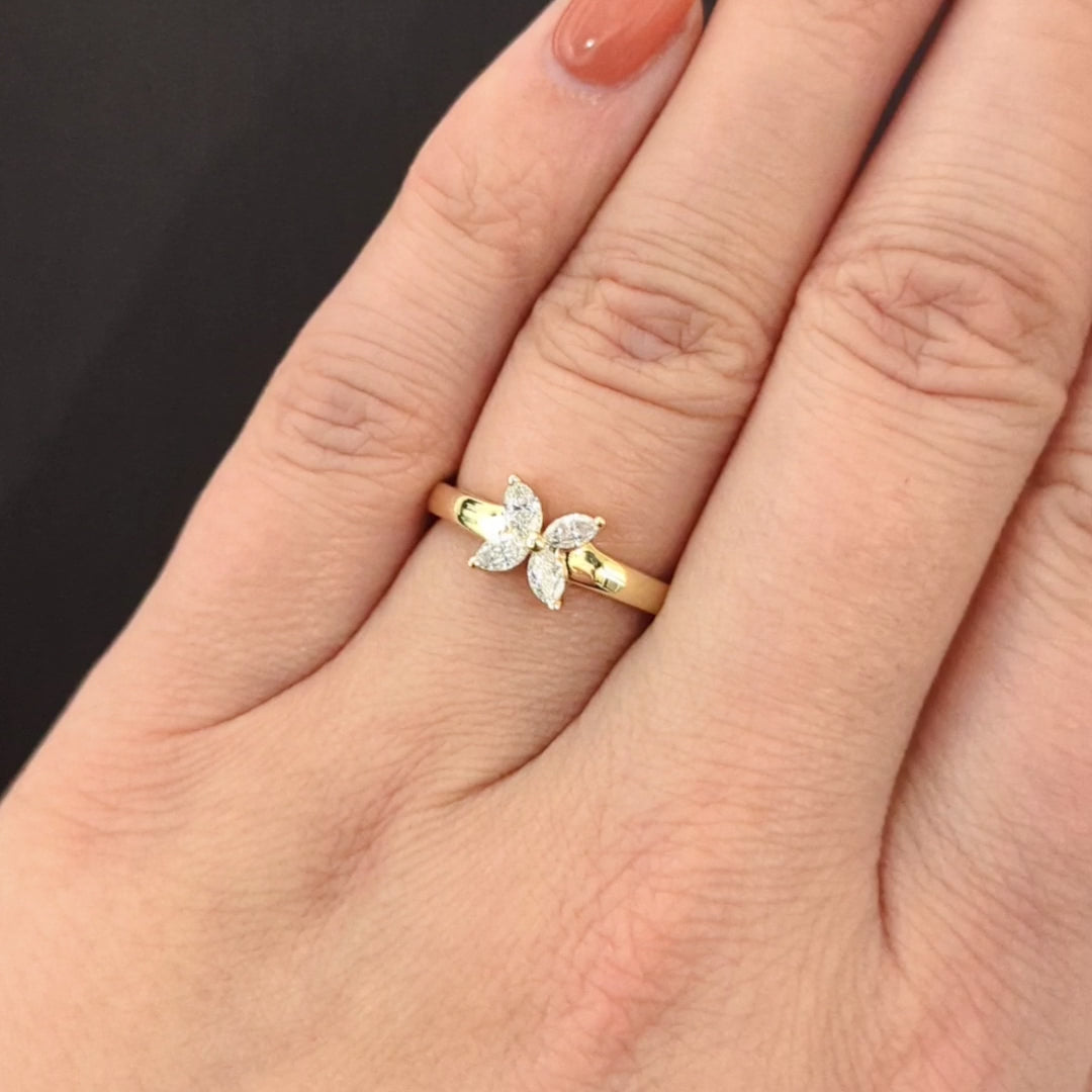 DIAMOND FLOWER RING 1/2 CARAT MARQUISE CUT CLUSTER 14k YELLOW GOLD NATURAL 0.5ct