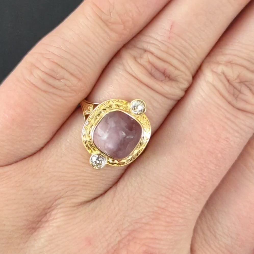 VINTAGE AMETHYST DIAMOND COCKTAIL RING HAND ENGRAVED 14k YELLOW GOLD CABOCHON