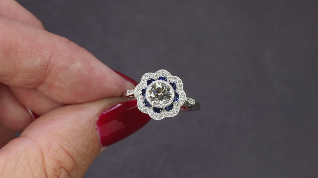 GIA CERTIFIED DIAMOND SAPPHIRE COCKTAIL RING G SI1 VINTAGE STYLE FLOWER HALO