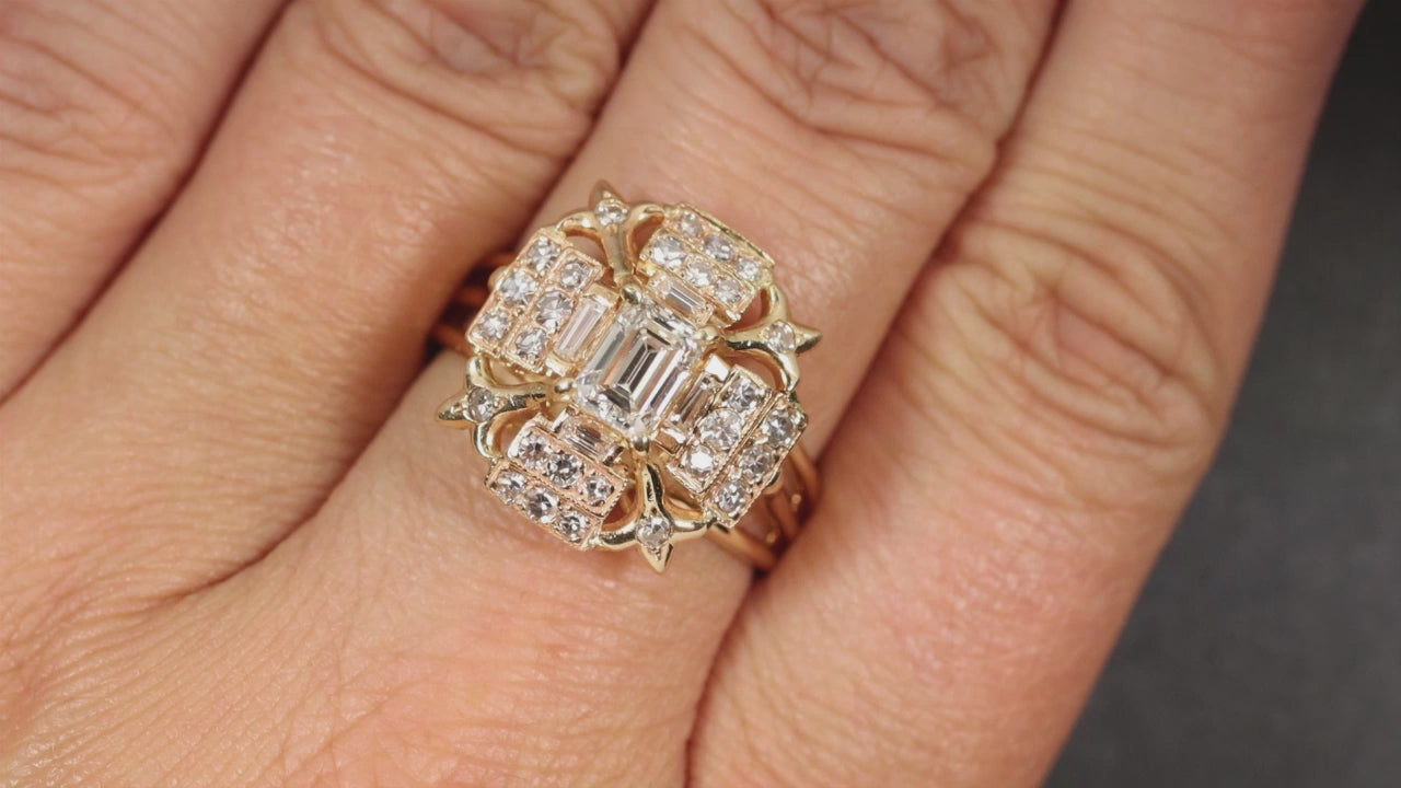 1.5 CARAT VINTAGE DIAMOND COCKTAIL RING CLUSTER STATEMENT 14k YELLOW GOLD BIG