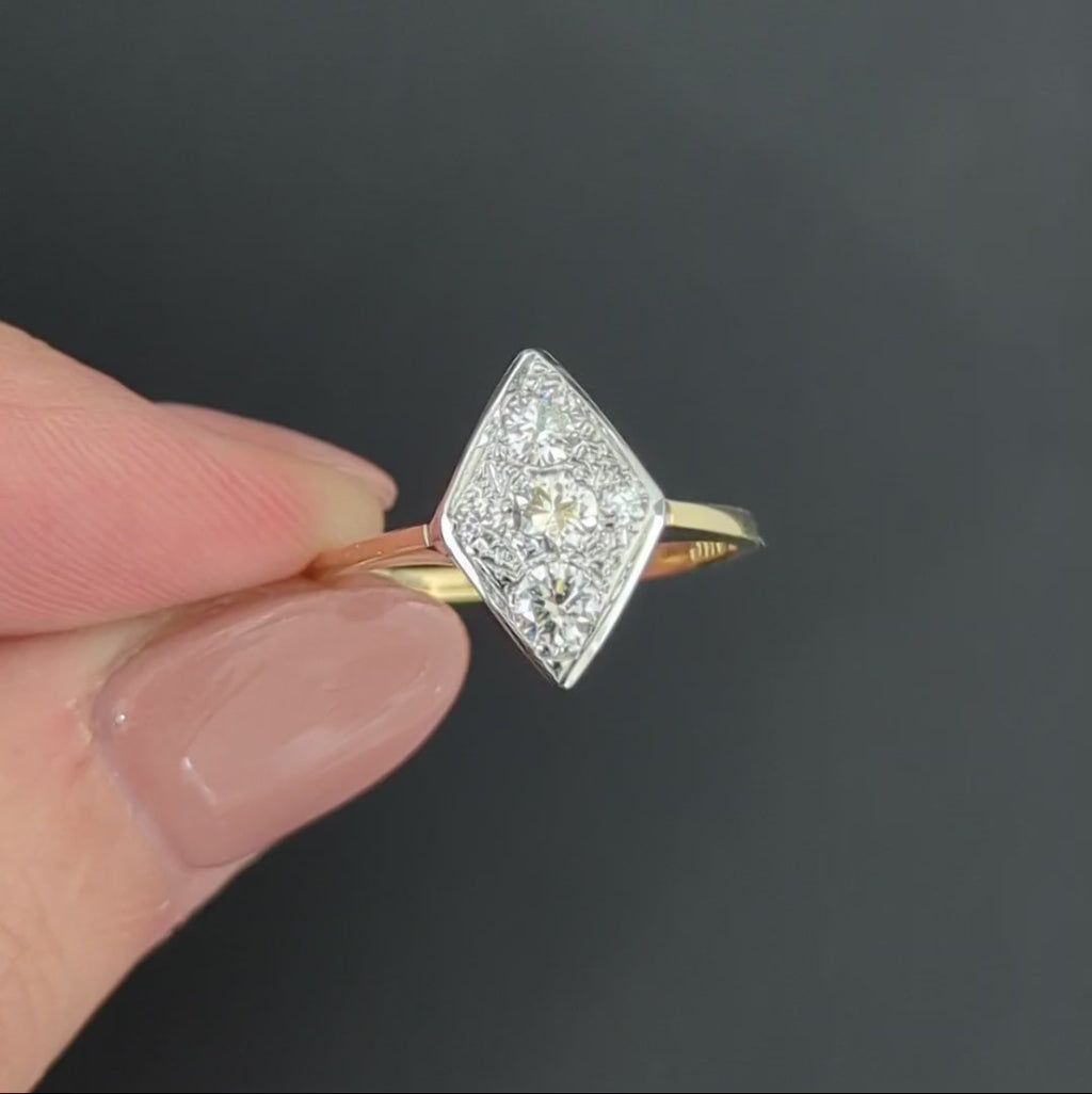 VINTAGE DIAMOND COCKTAIL RING E-F VS 5.14k TWO TONE YELLOW WHITE GOLD CLUSTER