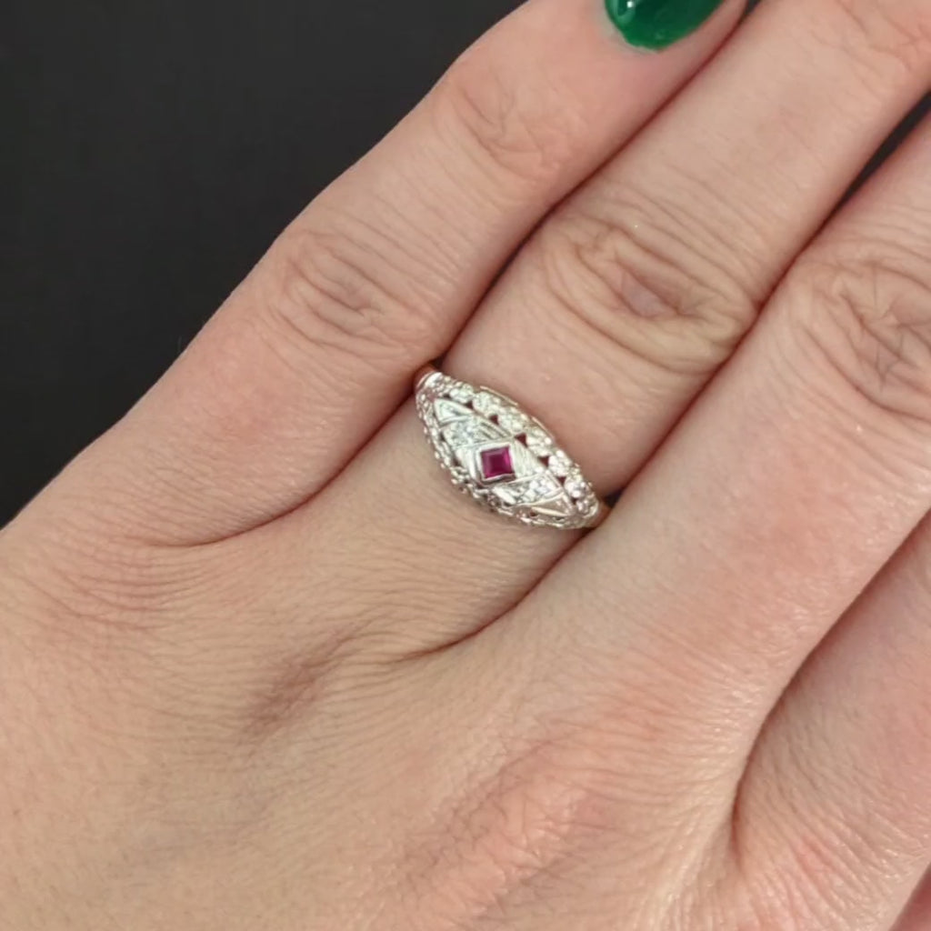 VINTAGE RUBY DIAMOND COCKTAIL RING TWO TONE 14k WHITE YELLOW GOLD ESTATE FLORAL