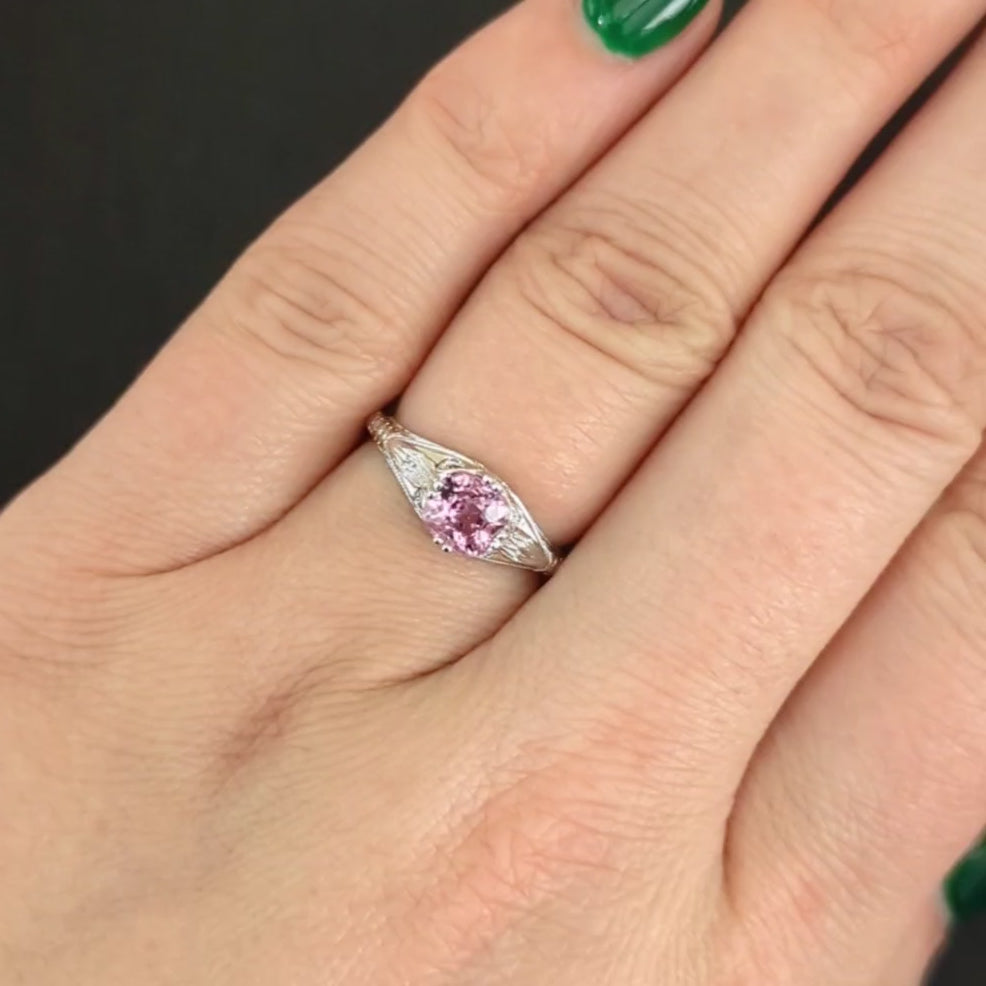 PINK SPINEL VINTAGE STYLE SOLITAIRE RING 14k WHITE GOLD NATURAL CUSHION COCKTAIL