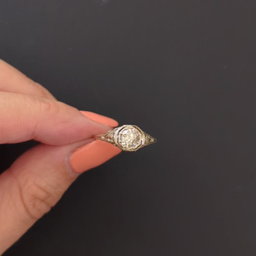 VINTAGE OLD EUROPEAN CUT DIAMOND ENGAGEMENT RING FILIGREE SOLITAIRE WHITE GOLD