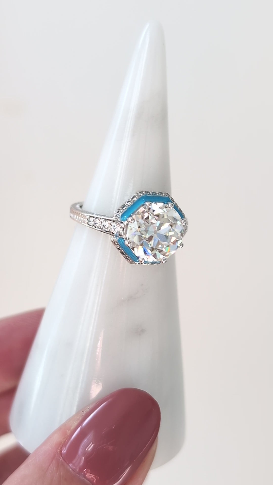 DIAMOND ENAMEL RING SETTING 6.5mm MOUNT VINTAGE STYLE ART DECO 14k WHITE GOLD