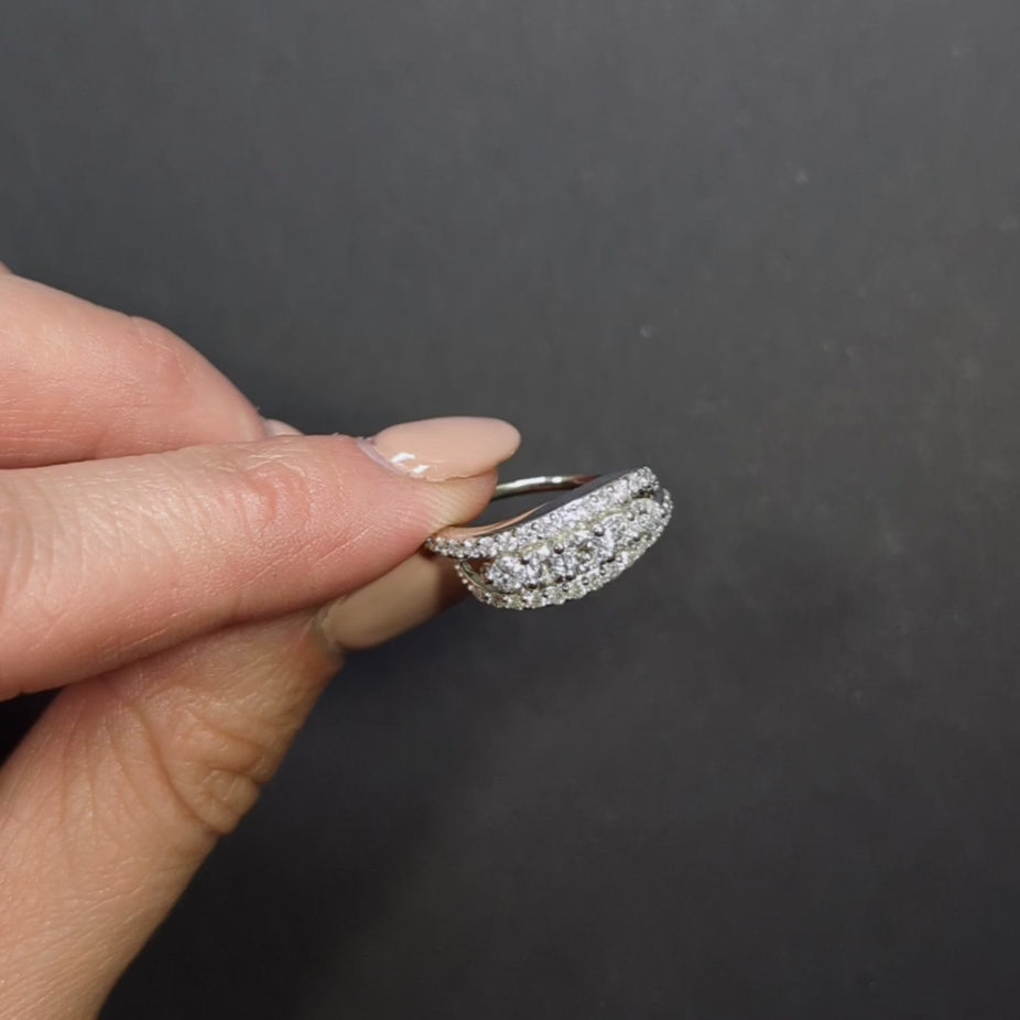 NATURAL DIAMOND COCKTAIL RING 0.90ct BYPASS CLUSTER BAND 14k WHITE GOLD 3 ROW