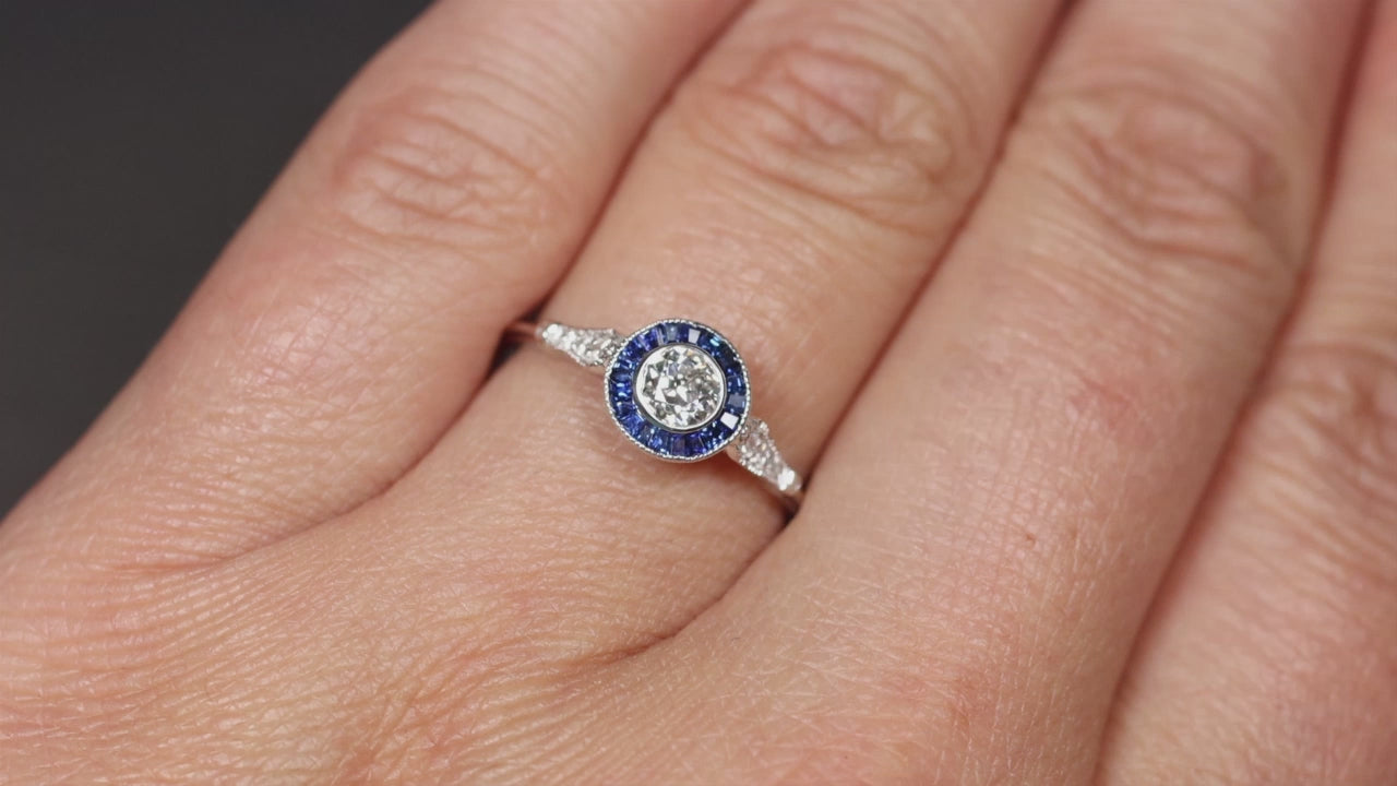 OLD EUROPEAN CUT DIAMOND SAPPHIRE ENGAGEMENT RING G SI2 VINTAGE STYLE ART DECO