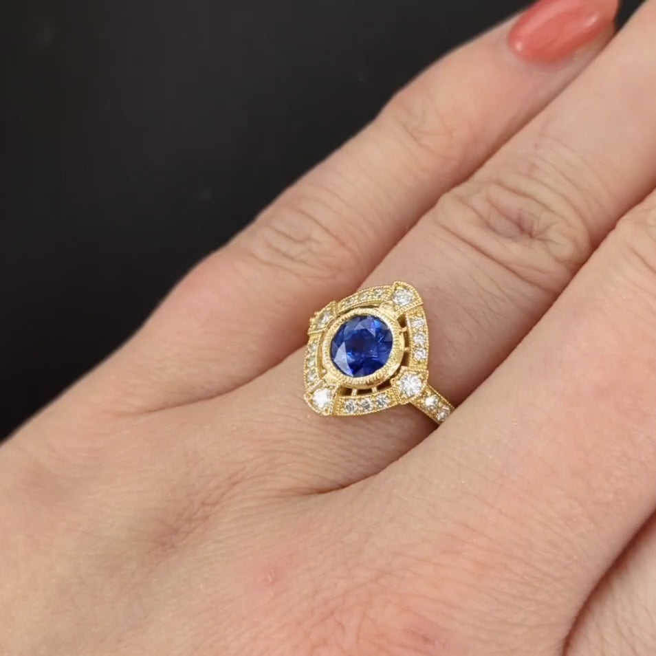 SAPPHIRE DIAMOND COCKTAIL RING VINTAGE STYLE ART DECO HALO 14k YELLOW GOLD ROUND