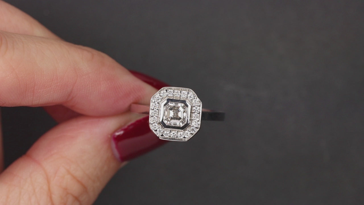 1 CARAT E-F VS1 EMERALD CUT DIAMOND ENGAGEMENT RING 18k WHITE GOLD HALO NATURAL