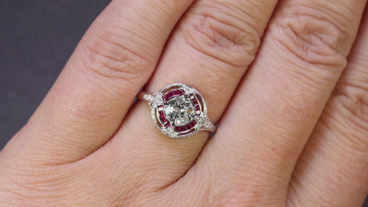 OLD EUROPEAN CUT DIAMOND RUBY ENGAGEMENT RING VINTAGE STYLE HALO ART DECO TARGET