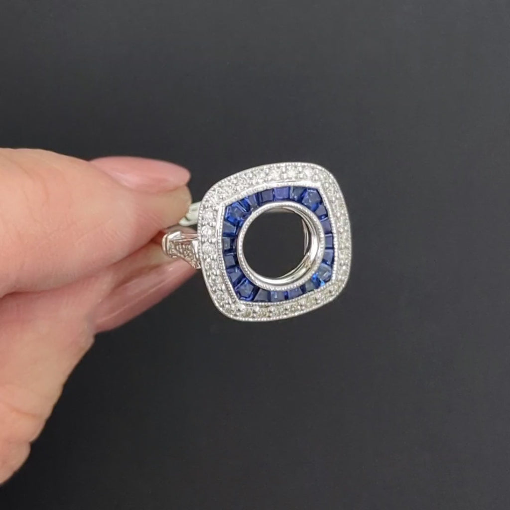 SAPPHIRE DIAMOND 8mm ROUND RING SETTING VINTAGE STYLE CUSHION HALO MOUNT BEZEL