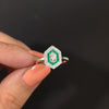 DIAMOND EMERALD ART DECO STYLE COCKTAIL RING HEXAGON DOUBLE HALO 14k WHITE GOLD