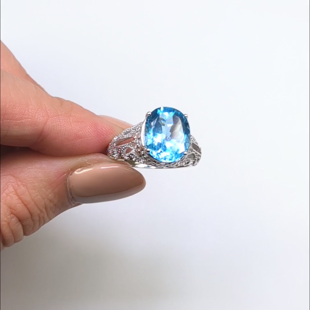 SWISS BLUE TOPAZ VINTAGE STYLE COCKTAIL RING STERLING SILVER FILIGREE ART DECO