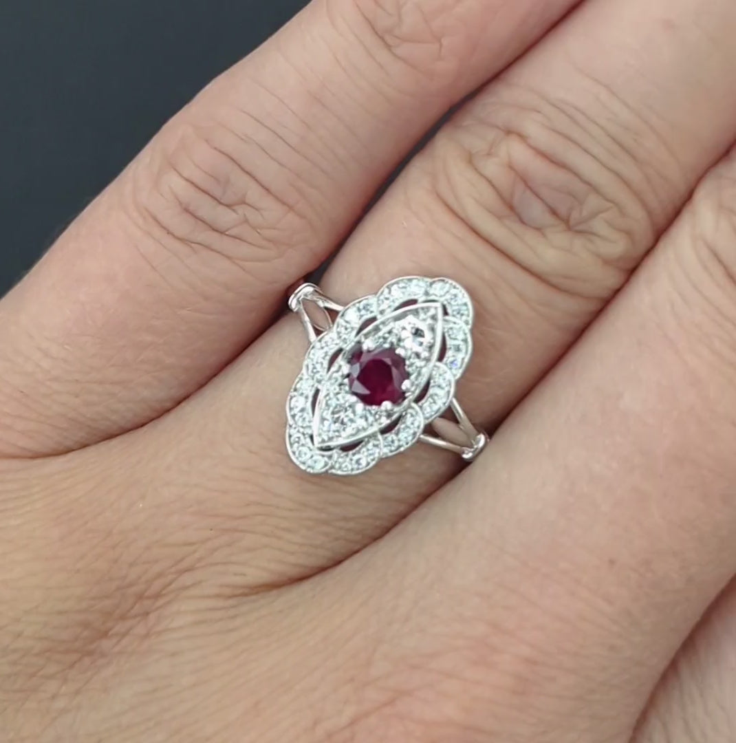 VINTAGE STYLE RUBY DIAMOND COCKTAIL RING 14k WHITE GOLD NAVETTE HALO NATURAL