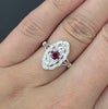 VINTAGE STYLE RUBY DIAMOND COCKTAIL RING 14k WHITE GOLD NAVETTE HALO NATURAL