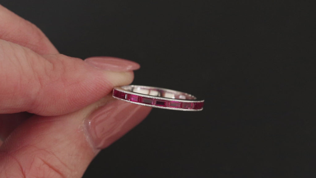 NATURAL RUBY HALF ETERNITY BAND WHITE GOLD RING VINTAGE STYLE CHANNEL MILGRAIN