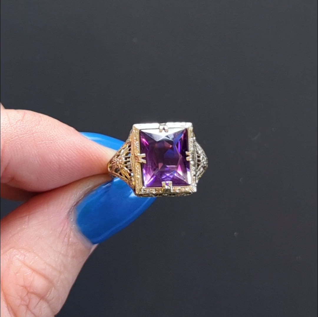 VINTAGE AMETHYST FILIGREE RING 14K WHITE GOLD SOLITAIRE ART DECO PURPLE ESTATE