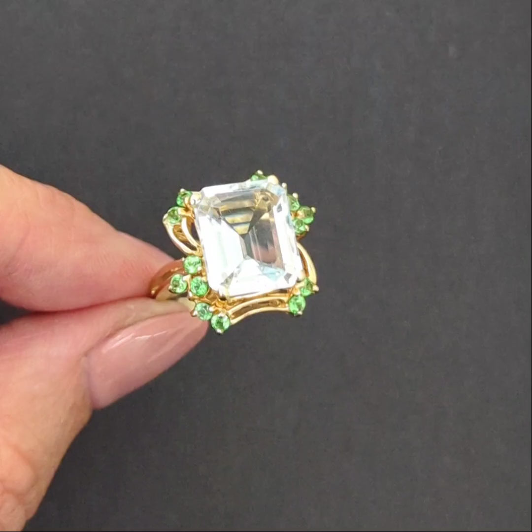 6ct VINTAGE AQUAMARINE TSAVORITE COCKTAIL RING RETRO 14k YELLOW GOLD EMERALD CUT
