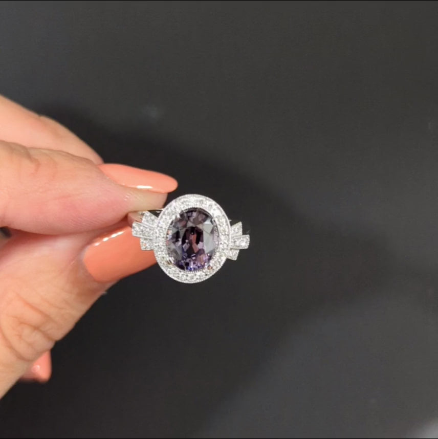 SPINEL DIAMOND VINTAGE STYLE COCKTAIL RING PURPLE GRAY OVAL CUT HALO WHITE GOLD
